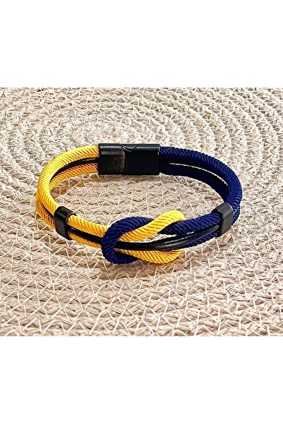 Bay hediye Sarı Lacivert Taraftar Temalı Deri&Makreme Düğümlü Bileklik (Net 2...