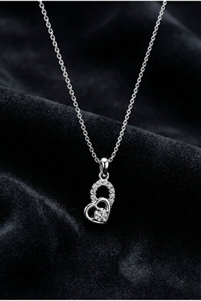 Roza Silver 925 Ayar Gümüş Rodyum Kaplama Zirkon Taşlı Minimal Tektaş Kalp Kolye