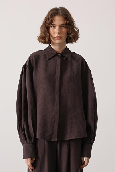 CKM MODA Arden Balloon Sleeve Basic Shirt Brown