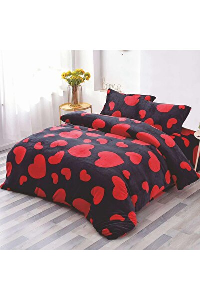 OEM Bed linen, Cocolino, 2 persons, 4 pieces, black, with red hearts, CCN4007