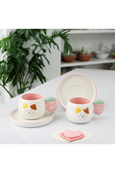 Kosova PEMBE KEDİ DESEN 2 KİŞİLİK TÜRK KAHVESİ FİNCANI