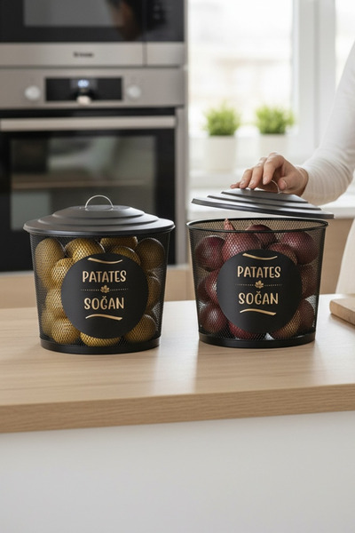 EVSTYLE METAL FİLE İKİLİ SOĞAN& PATATS SAKLAMA KOVASI - SİYAH