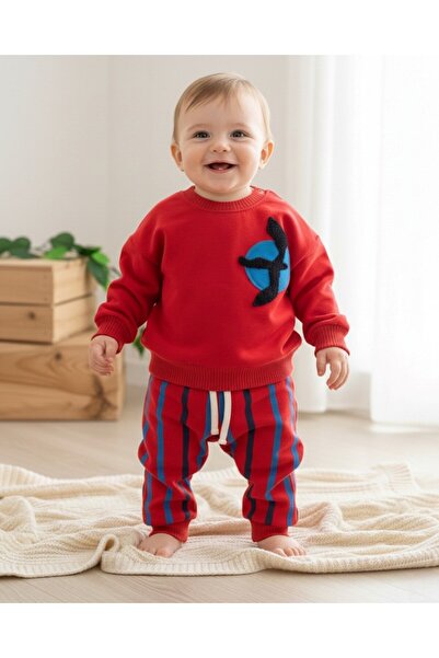 VOY KİDS سويت شيرت مطرز باللون النورس الموسمي للأولاد الصغار، طقم علوي وسفلي ...