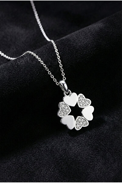 Roza Silver 925 Ayar Gümüş Rodyum Kaplama Zirkon Taşlı Birleşen Kalpler Çiçek...