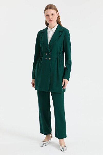 Esswaap Beli Büzgülü Ceket Pantolon Takım Zümrüt