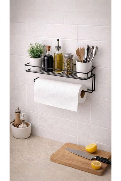 LAZORİAE Metal Kitchen Wall Shelf with Paper Towel Holder – Modern Design 17×...
