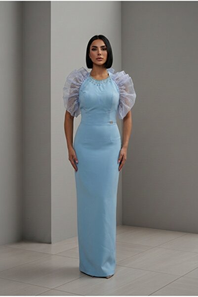 ALFUDO Moda Collection Tulle Detailed and Stone-Embellished Collar Maxi Gradu...