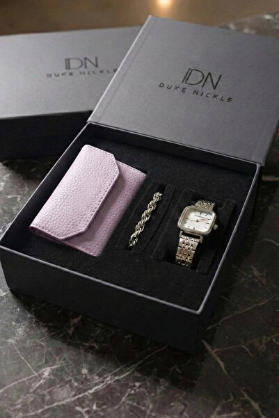 Duke Nickle Zincir Bileklikli Gümüş Metal Kordon Kare Kadın Kol Saati Lila Cü...