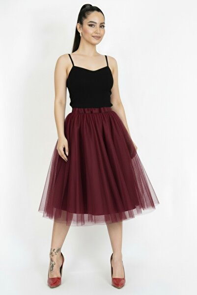 SUNEH Βουργουνδί χρώμα, 3 στρώσεις, μήκος 65 εκ., Χνουδωτή γυναικεία φούστα T...