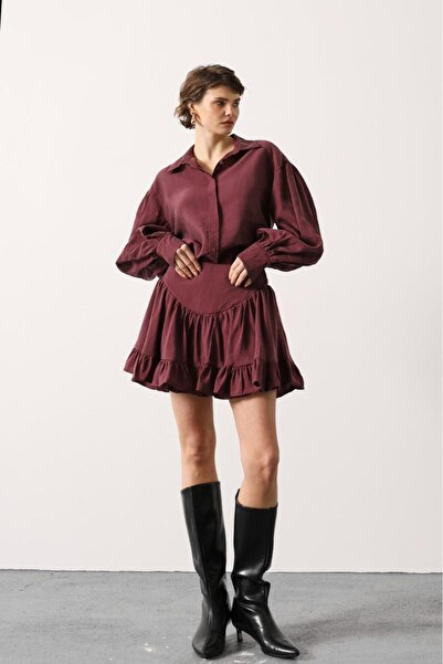 CKM MODA Virella volanlı mini etek bordo