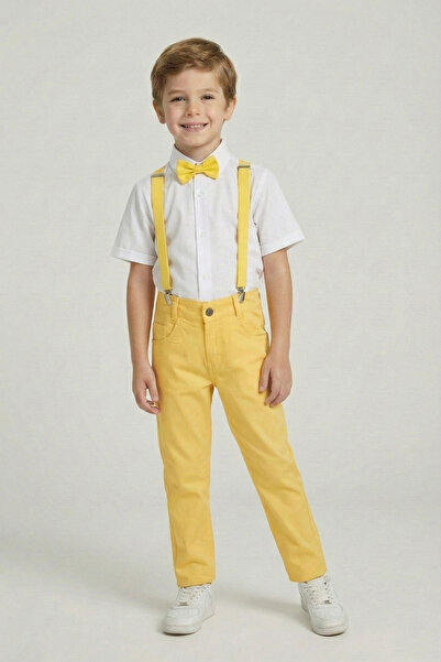 FATELLA Boy's White Short Sleeve Shirt Yellow Pants Yellow Suspender Bow Tie ...