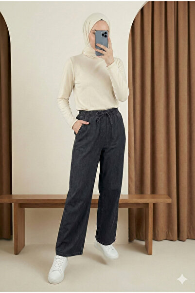 MODAQU Elastic Waist Wide Leg Jeans - Anthracite