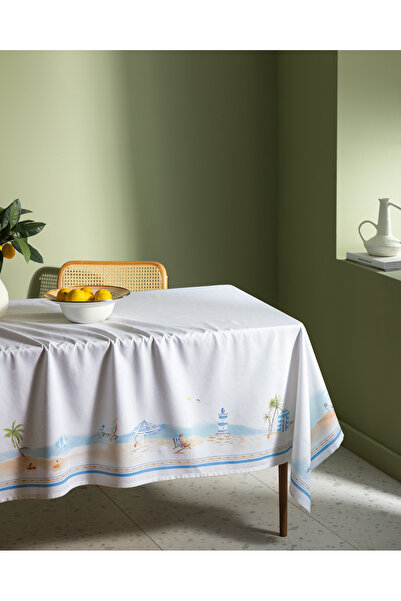 Madame Coco Lazule Polycotton Tablecloth - Light Blue/Beige - 150X250 cm