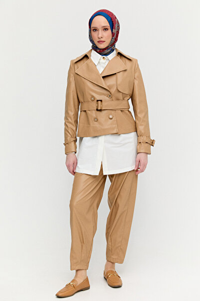 Setrms Kruvaze Kemerli Suni Deri Ceket