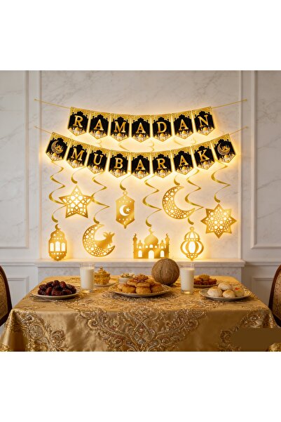 Generic Decorative plaque Ramadan decoration set in black and gold with banne...