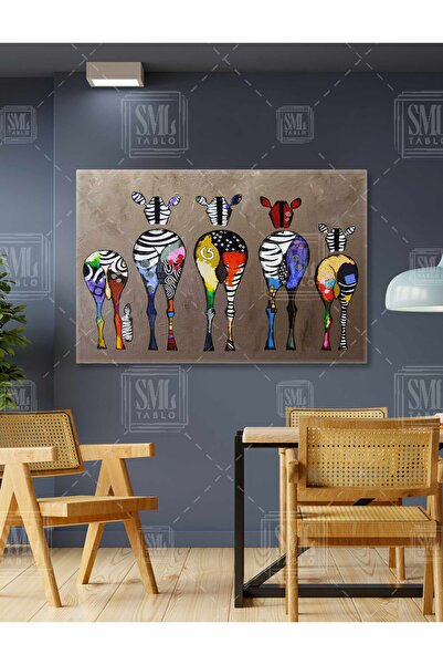 SML TABLO Renkli Zebra Afrikan Yaşamı Etnik Dekor Sepya Bansky Stili Yatay Ka...