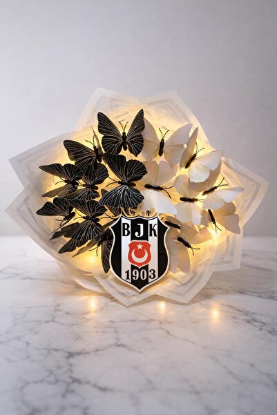 Melonİst Beşiktaş Taraftar Temalı Işıklı Siyah Beyaz Kelebek Buketi