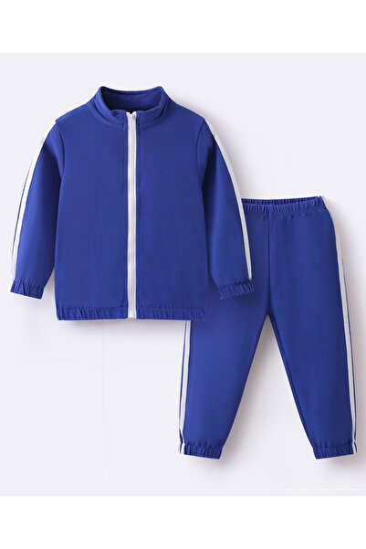SAPS Solid High Neck Full Sleeves Sweat Jacket & Pants Co-ord Set - Blue