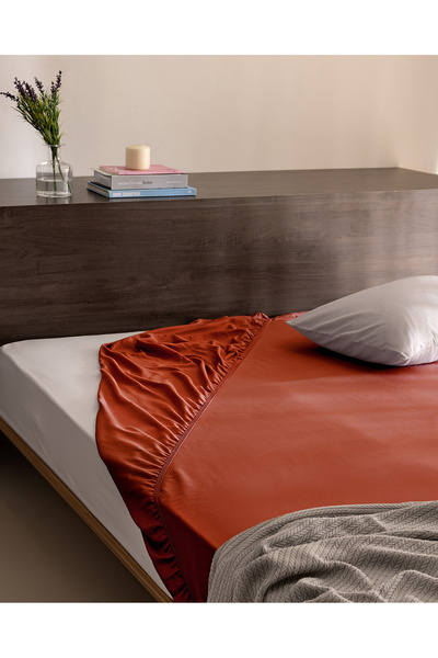 Madame Coco Ciel King Size 100% Cotton Elastic Satin Bed Sheet - Orange