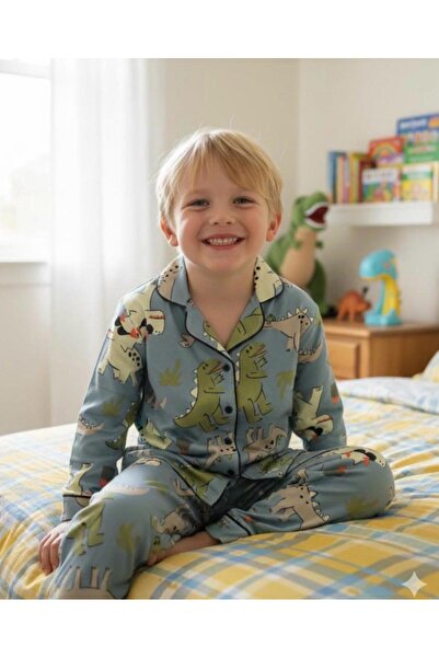 Flower Komik Dinazorlarla Baskılı Unısex Pijama Takımı