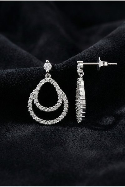 Roza Silver 925 Ayar Gümüş Rodyum Kaplama Zirkon Taşlı Çift Katmanlı Damla Çivili Küpe