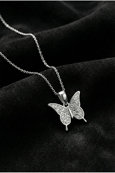 Roza Silver 925 Ayar Gümüş Rodyum Kaplama Zirkon Taşlı Minimal Kelebek Kolye