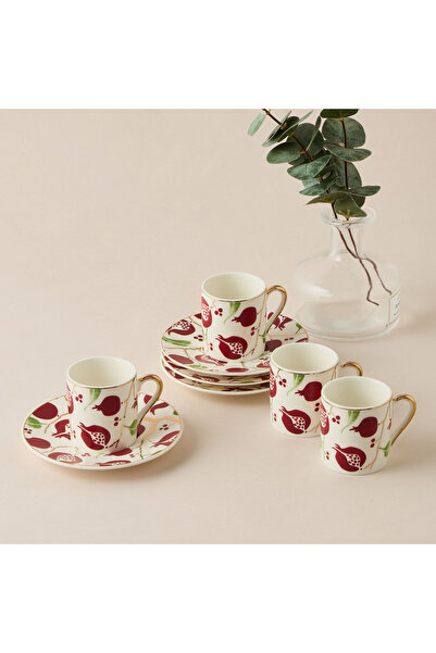 Lifestyle طقم فناجين وصحون من البورسلين العظمي بنقشة الرمان، 8 قطع - 85 مل