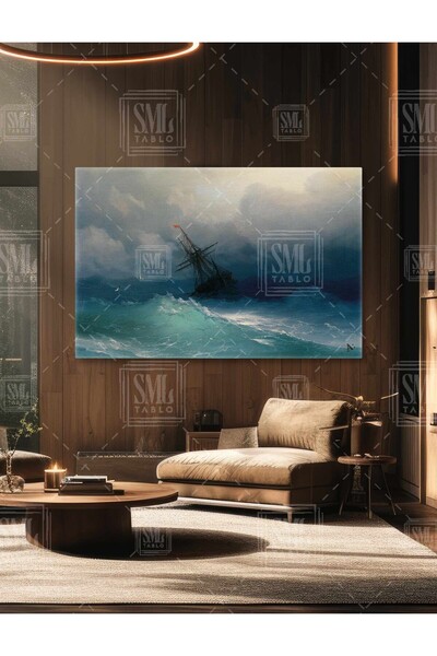 SML TABLO Ivan Aivazovsky Fırtınalı Denizde Savrulan Yelkenli Gemi Yatay Kanv...