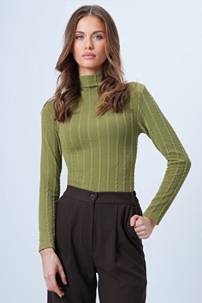 Trend Alaçatı Stili Women's Oil Green Mock Neck Lace-Like Knit Stretch Fabric...