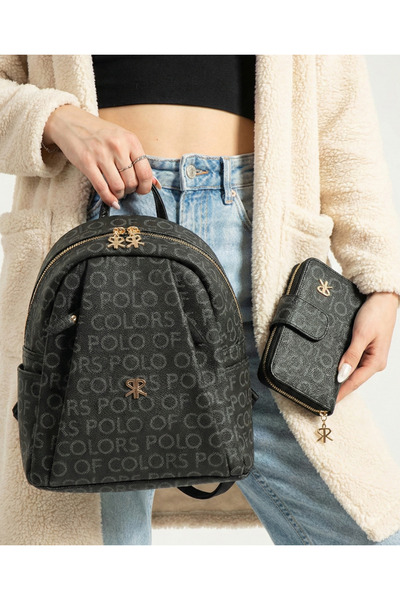 Çanta Trend Polo of Colors Black Printed Women's Multi-Compartment Backpack a...