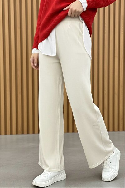 İmajButik Cream High Waist Wide Leg Knitwear Trousers