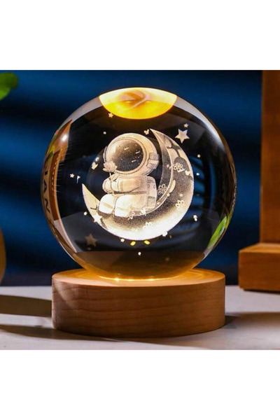 OEM 3D crystal globe lamp "Astronaut on Crescent Moon", 8 cm, wooden base, LED