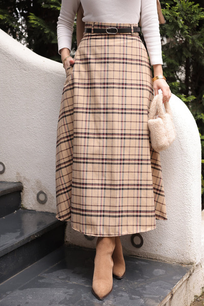 İmajButik Beige Plaid Flared Skirt with Belt and Side Pockets