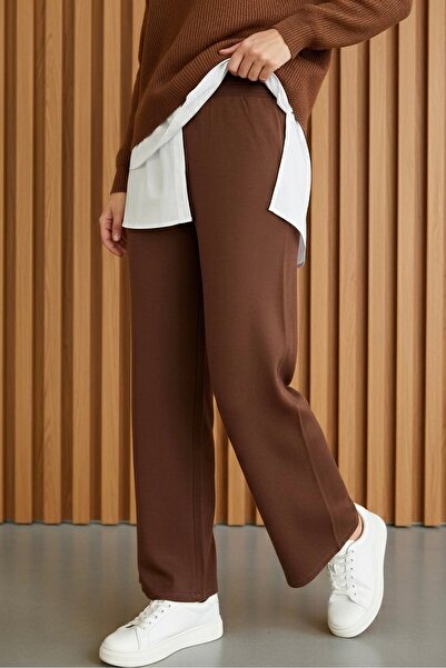 İmajButik Brown High Waist Wide Leg Knitwear Trousers