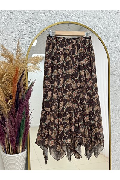 MİHRA STORE Tuba Patterned Crinkle Chiffon Skirt-Sa4073 Brown