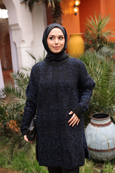 İmajButik Navy Blue Crew Neck Glitter Knit Sweater