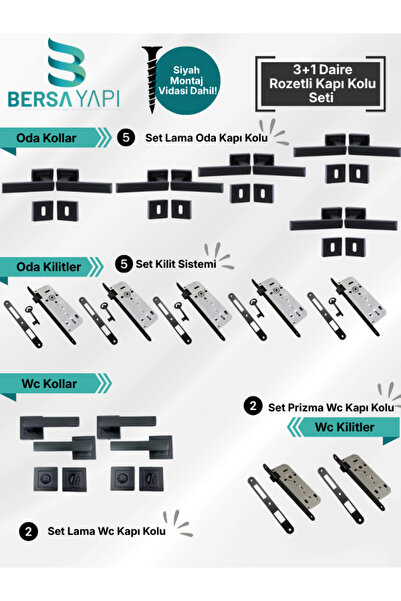 bersa yapı Lama Rozetli 3+1 Mat Rozetli Siyah Oda Kapı Kolu 40mm kilit+kol fu...
