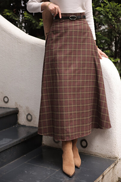 İmajButik Brown Plaid Flared Skirt with Belt and Side Pockets
