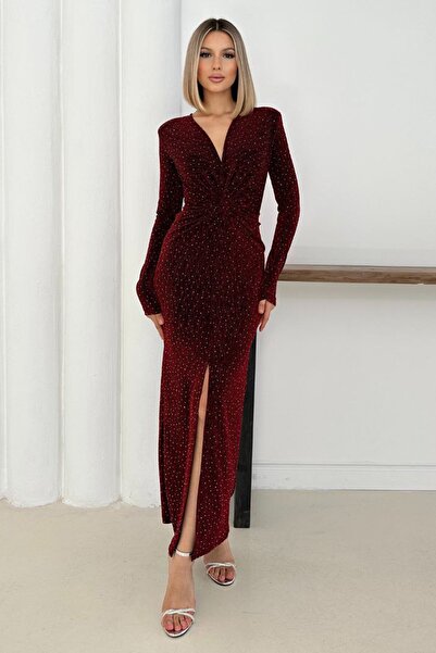 Trend Alaçatı Stili Women's Silvery Burgundy Long Sleeve V-Neck Low-Cut Dr Dr...