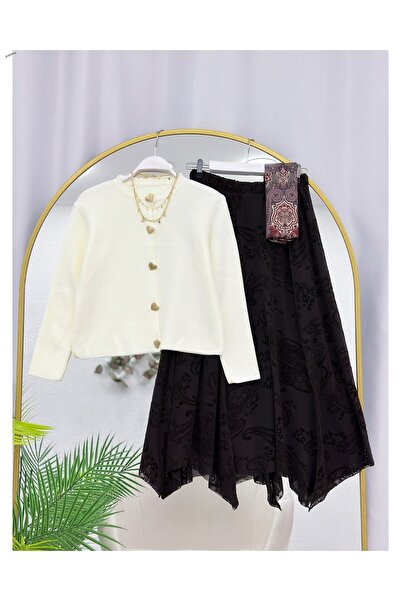 ÇALIŞKAN MODA Velvet Patterned Asymmetric Cut Skirt Knitwear Cardigan Dual Co...