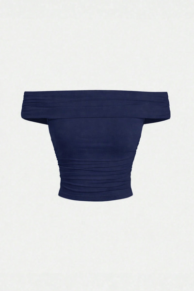 Tarz Cool Women's Navy Blue Madonna Collar Stretch Fit Blouse - Stylish Top w...