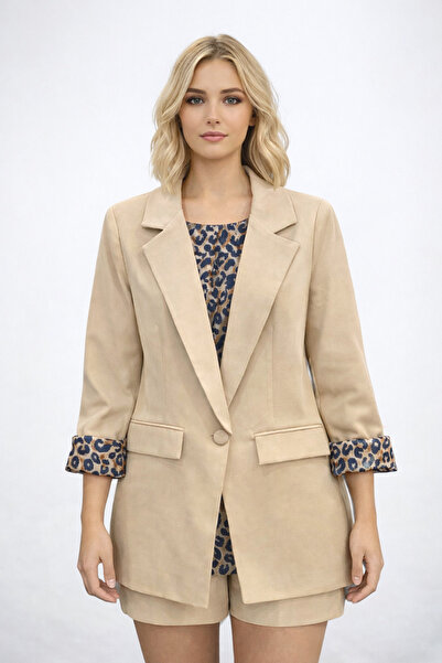 MODA Kadın Krem Şal Yaka Leopar Astarlı Uzun ceket