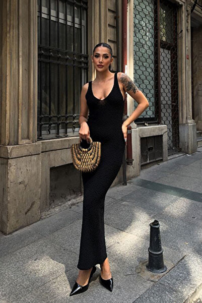Trend Alaçatı Stili Women's Black Front Back V Neck Strap Maxi Size Dress Vs0...
