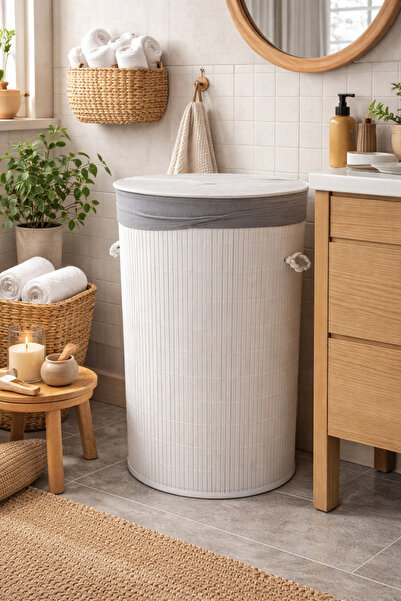 sonnenflügel Kirli Çamaşır Sepeti Kapaklı Bambu 50 Litre (Ekose ve Beyaz Renk...