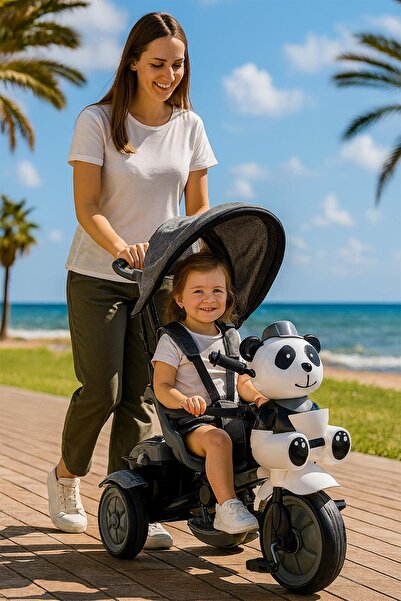 FeyzaDesign Çocuklar İçin Panda Figürlü 3 Tekerlekli İtmeli Güneşlikli Bisiklet
