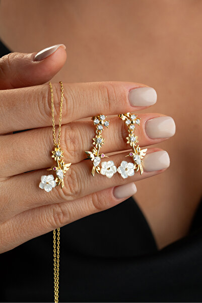 Silvano Jewelry 925 Ayar Gümüş Sedefli Kuş (Kolye-Küpe) Set