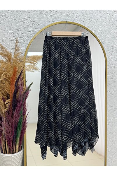 MİHRA STORE Tuba Patterned Crinkle Chiffon Skirt-Sa4073 Black