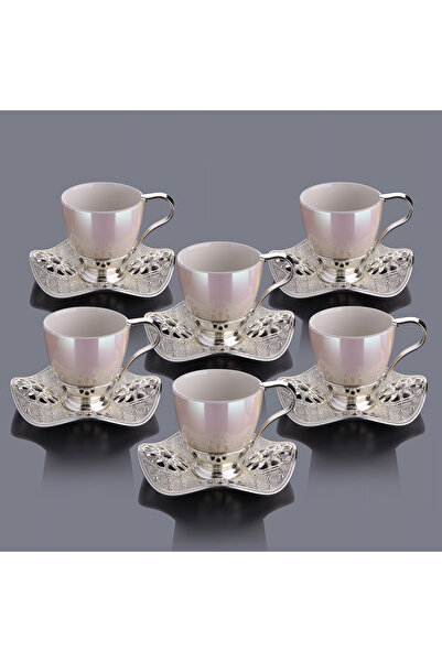 Generic Turkish Coffee Cup Set for 6 People - Silver Metal Holders & Saucers ...