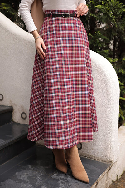 İmajButik Burgundy Plaid Flared Skirt with Belt at Waist and Side Pockets