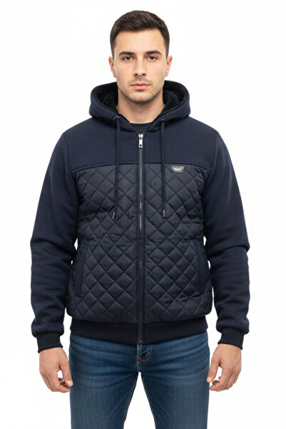 Teverler İçi Kürk Detaylı Kapüşonlu Lacivert Erkek Mont